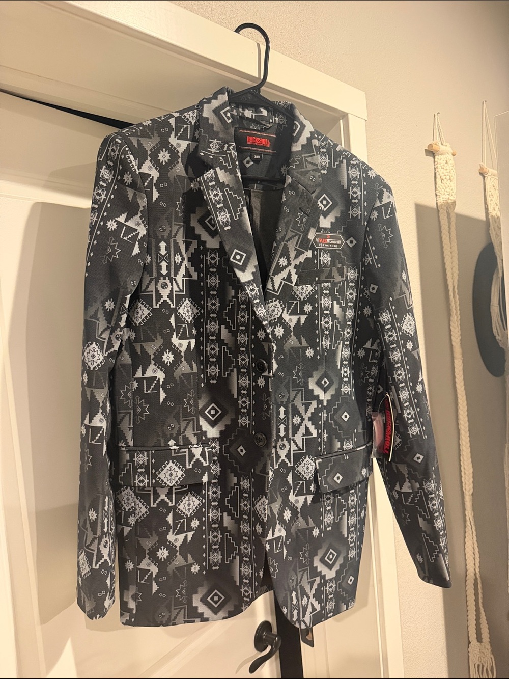 Womens Black & White Patterned Blazer Jacket